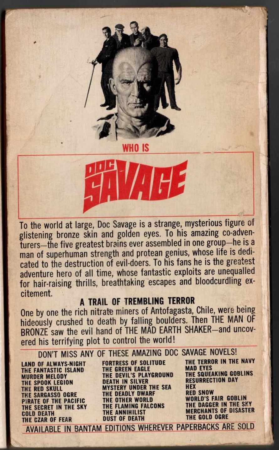 Kenneth Robeson  DOC SAVAGE: THE MAN WHO SHOOK THE EARTH magnified rear book cover image