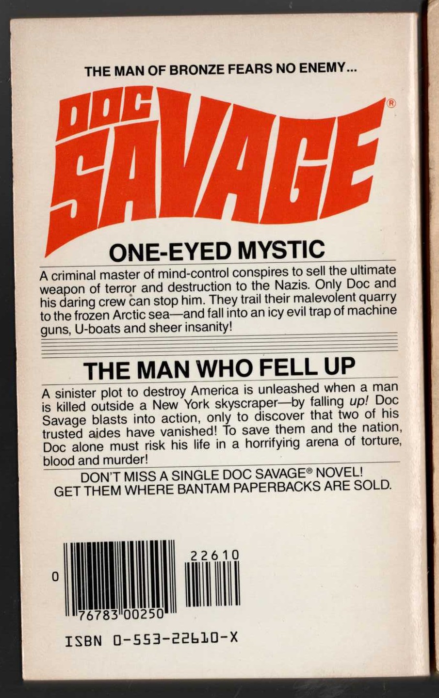 Kenneth Robeson  DOC SAVAGE: ONE-EYED MYSTIC and THE MAN WHO FELL UP magnified rear book cover image