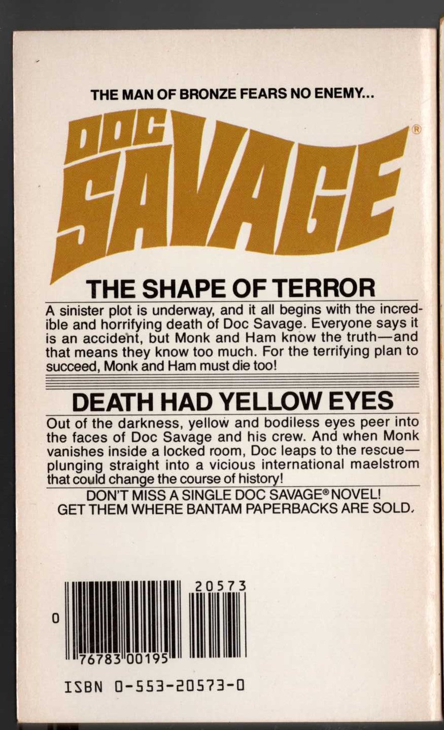 Kenneth Robeson  DOC SAVAGE: THE SHAPE OF TERROR and DEATH HAD YELLOW EYES magnified rear book cover image