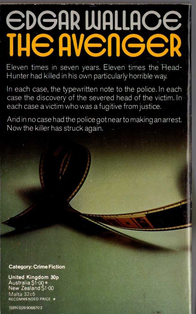 Edgar Wallace  THE AVENGER magnified rear book cover image