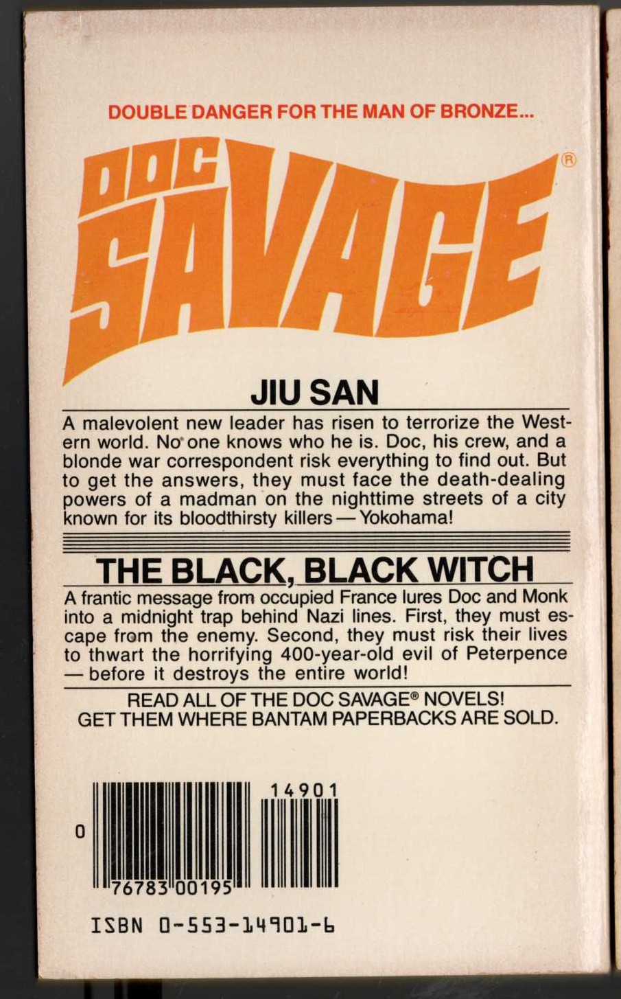 Kenneth Robeson  DOC SAVAGE: JIU SAN and THE BLACK, BLACK WITCH magnified rear book cover image