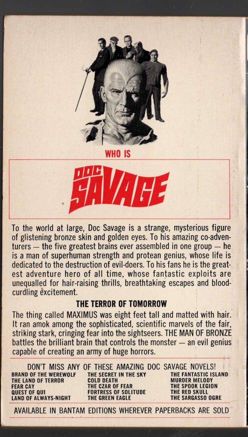 Kenneth Robeson  DOC SAVAGE: WORLD'S FAIR GOBLIN magnified rear book cover image