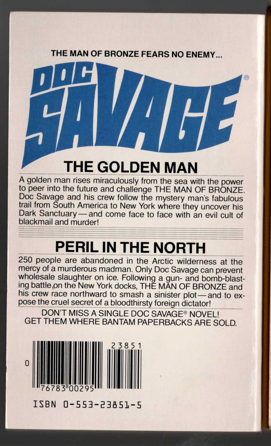 Kenneth Robeson  DOC SAVAGE: THE GOLDEN MAN and PERIL IN THE NORTH magnified rear book cover image