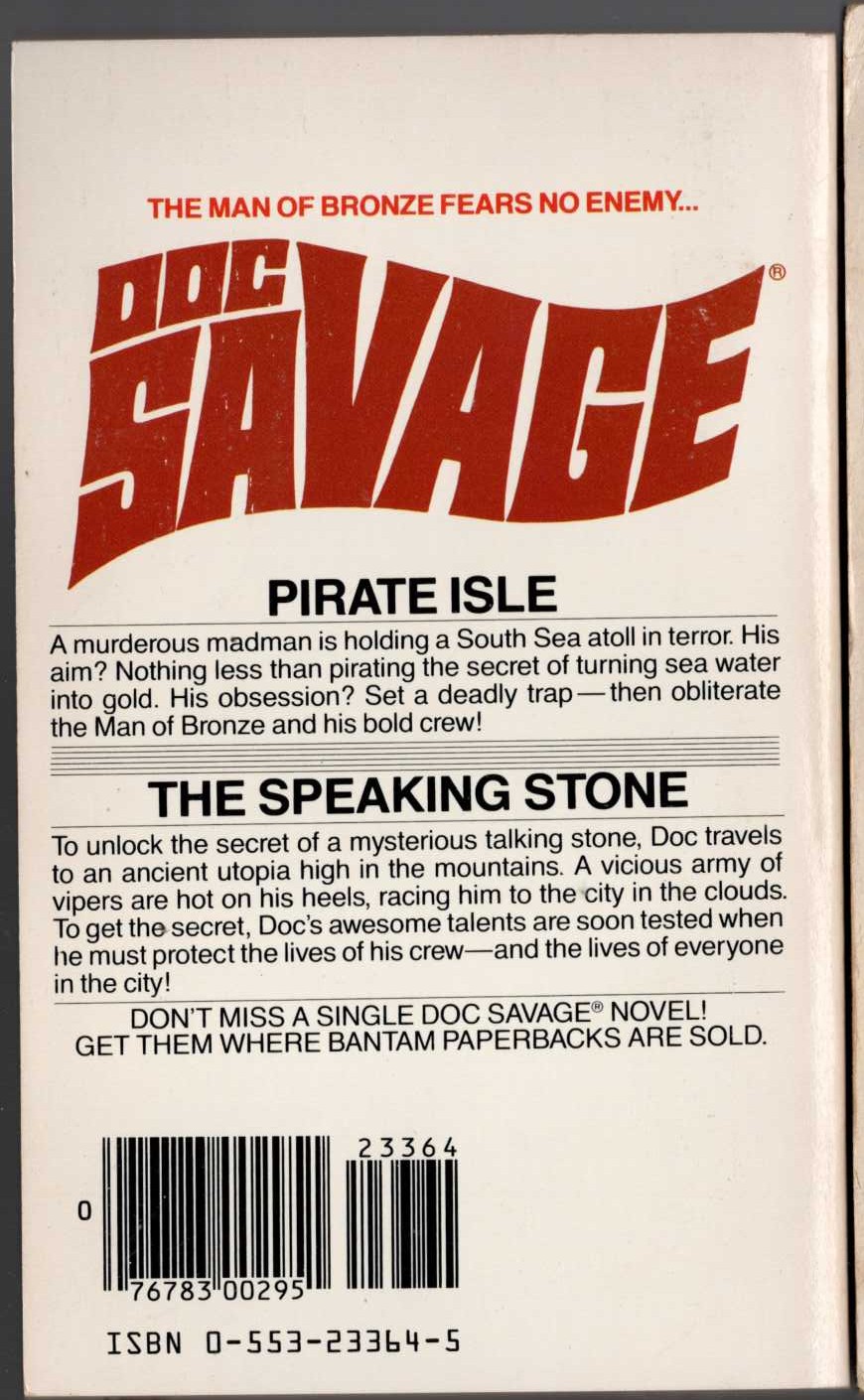 Kenneth Robeson  DOC SAVAGE: PIRATE ISLE and THE SPEAKING STONE magnified rear book cover image