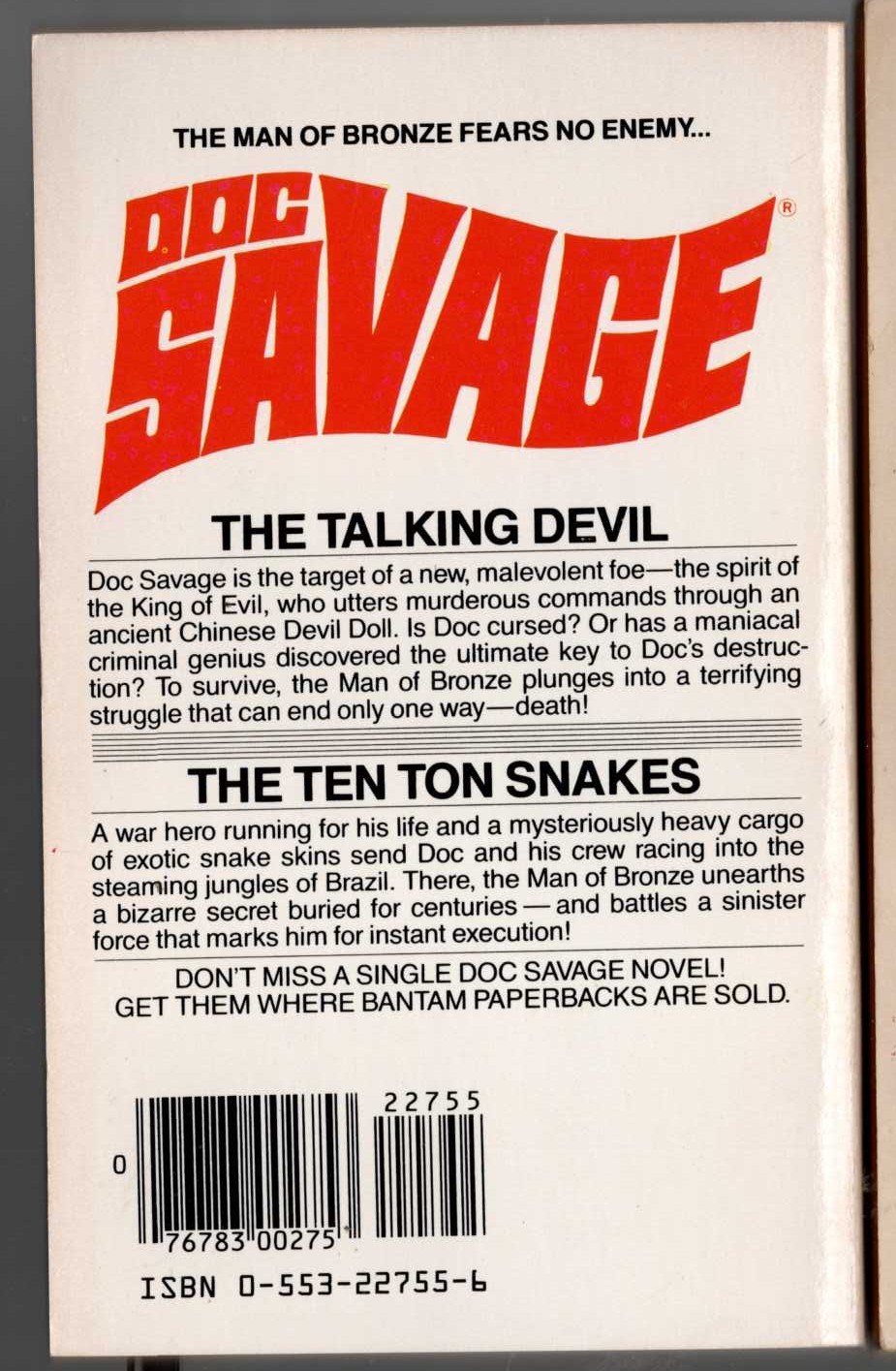Kenneth Robeson  DOC SAVAGE: THE TALKING DEVIL and THE TEN TON SNAKES magnified rear book cover image