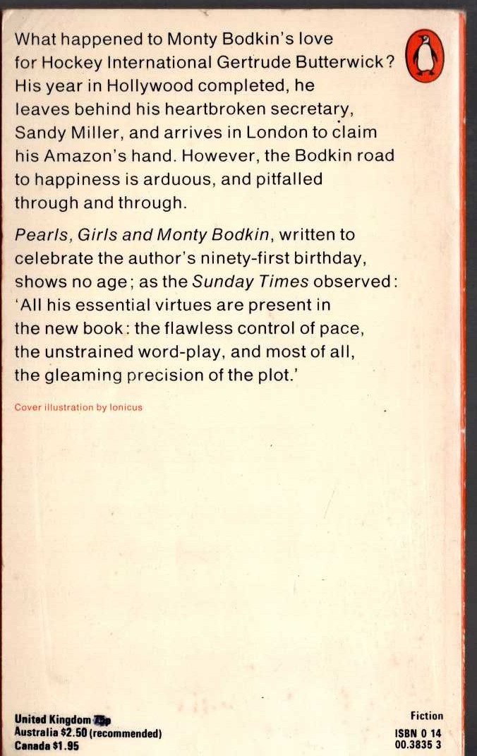 P.G. Wodehouse  PEARLS, GIRLS AND MONTY BODKIN magnified rear book cover image