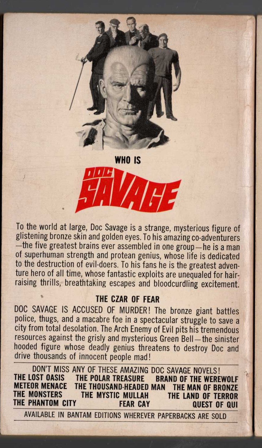 Kenneth Robeson  DOC SAVAGE: THE CZAR OF FEAR magnified rear book cover image