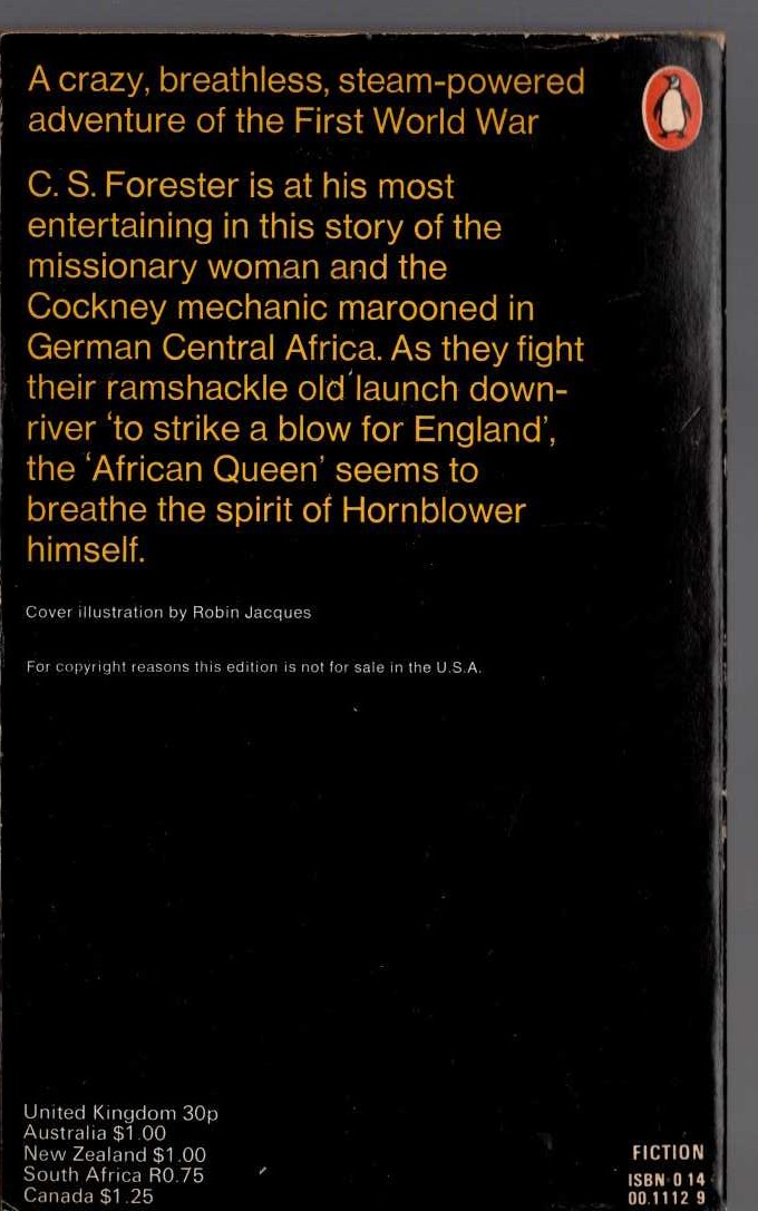 C.S. Forester  THE AFRICAN QUEEN magnified rear book cover image
