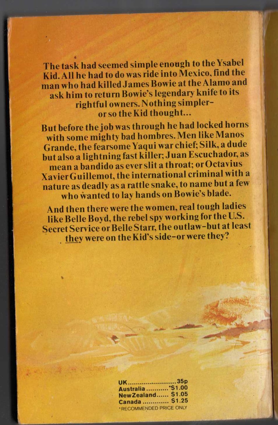 J.T. Edson  THE QUEST FOR BOWIE'S BLADE magnified rear book cover image