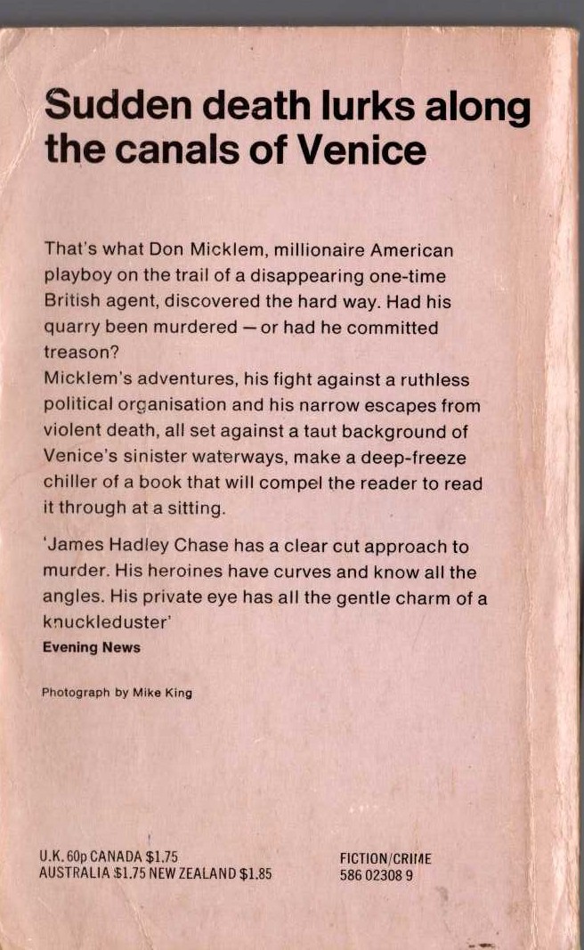 James Hadley Chase  MISSION TO VENICE magnified rear book cover image