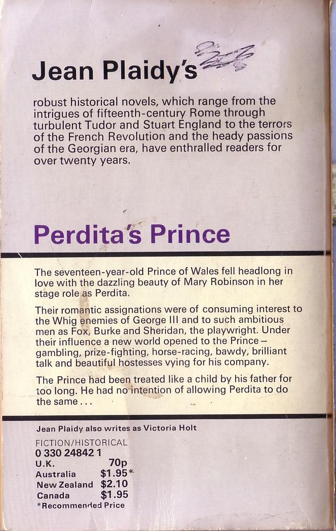 Jean Plaidy  PERDITA'S PRINCE magnified rear book cover image