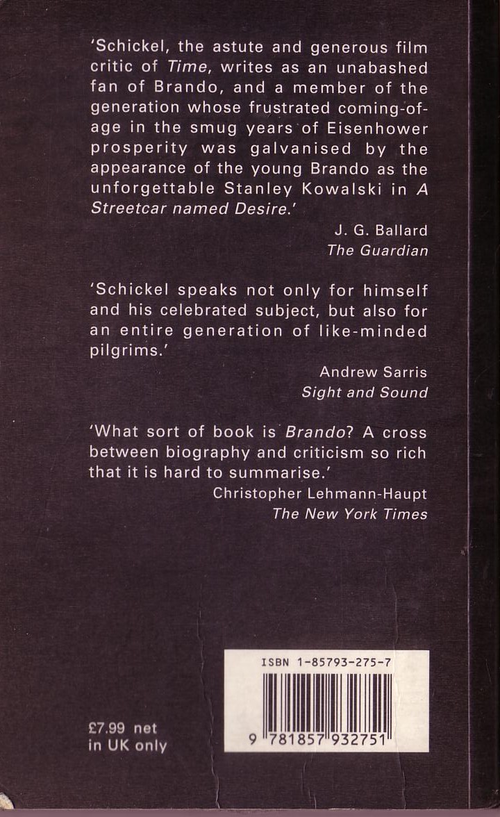 Richard Schickel  BRANDO. A Life in Our Times magnified rear book cover image