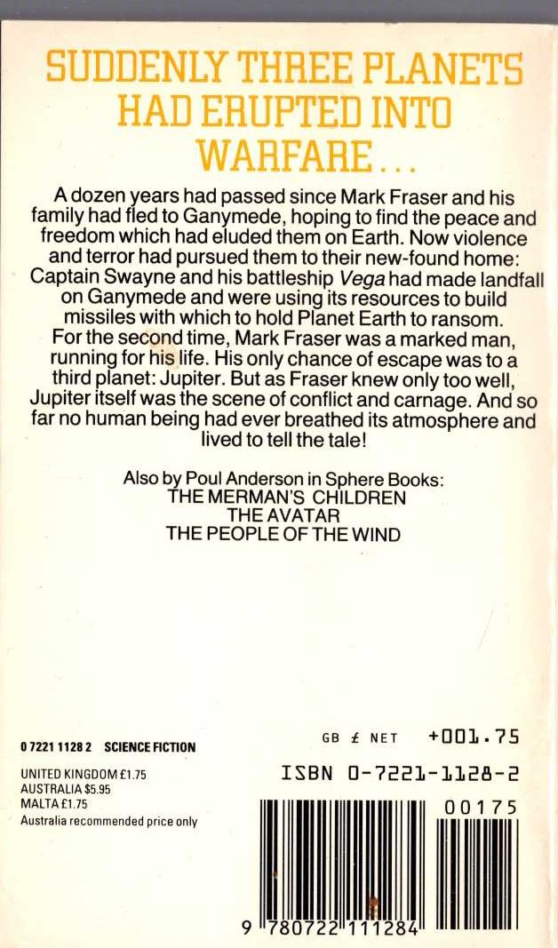 Poul Anderson  THREE WORLDS TO CONQUER magnified rear book cover image