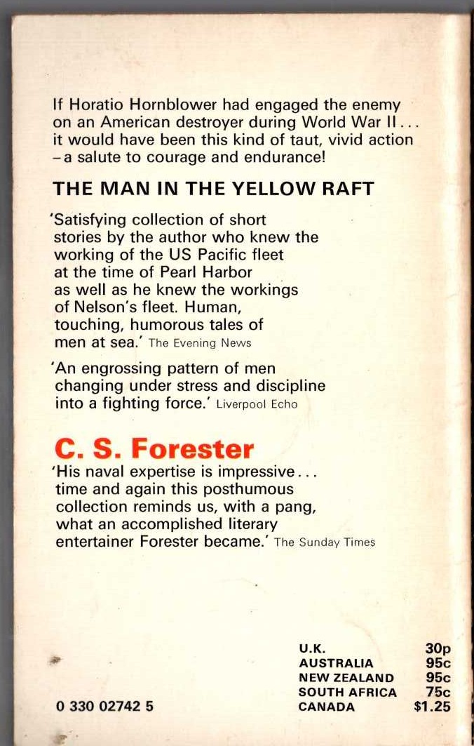 C.S. Forester  THE MAN IN THE YELLOW RAFT magnified rear book cover image