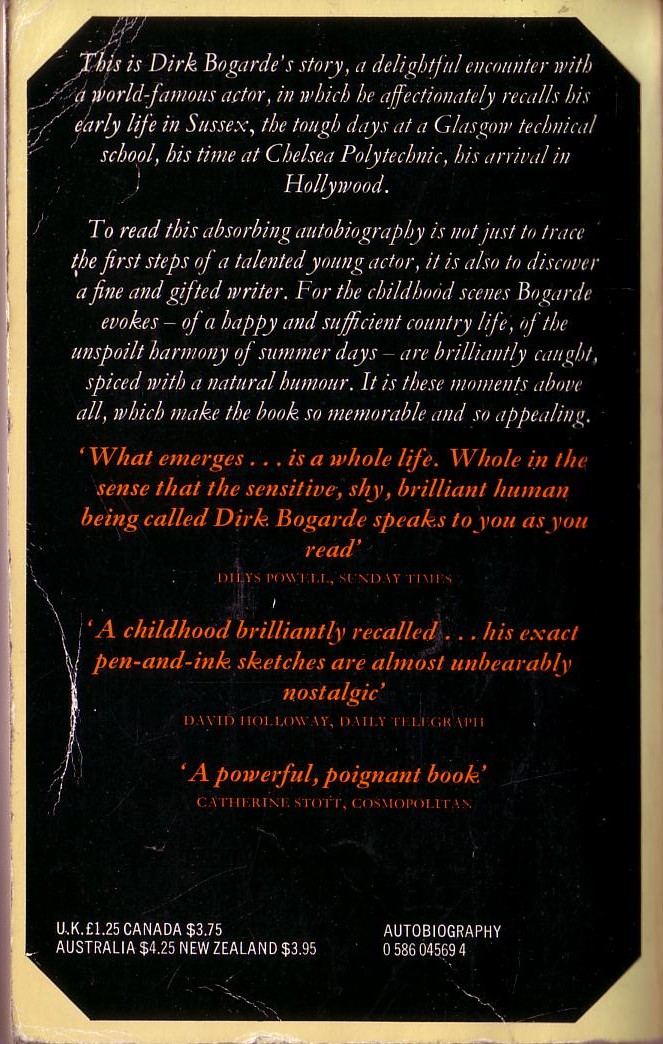 Dirk Bogarde  A POSTILLION STRUCK BY LIGHTNING (Autobiography) magnified rear book cover image