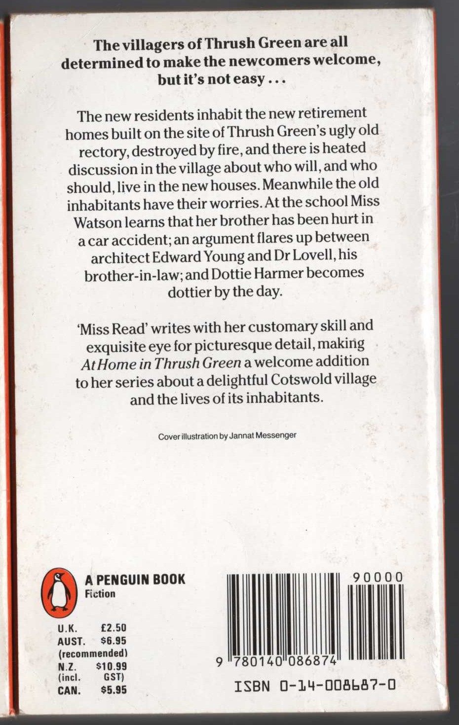 Miss Read  AT HOME IN THRUSH GREEN magnified rear book cover image