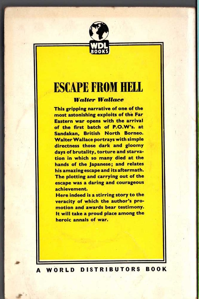 Walter Wallace  ESCAPE FROM HELL magnified rear book cover image