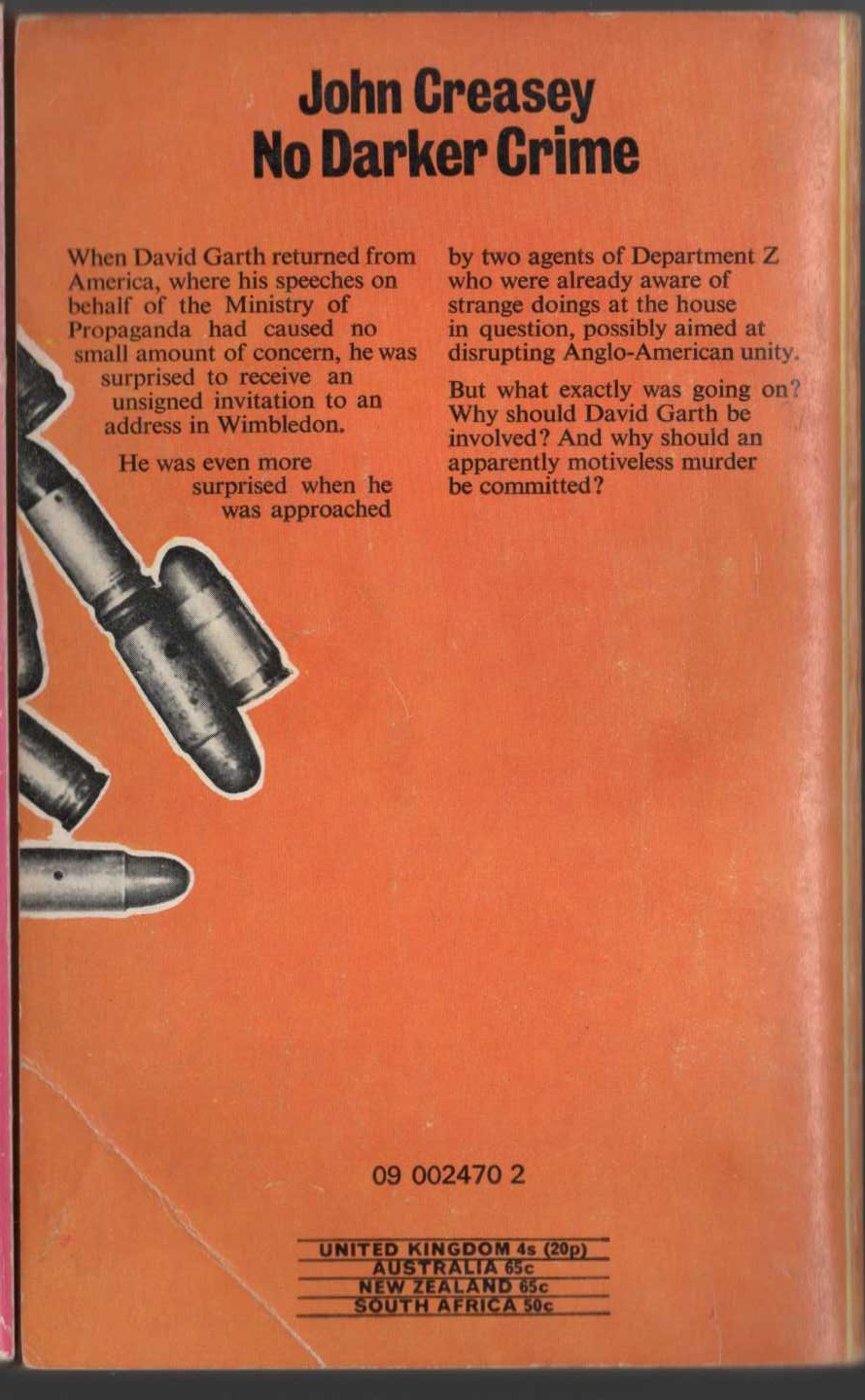 John Creasey  NO DARKER CRIME magnified rear book cover image