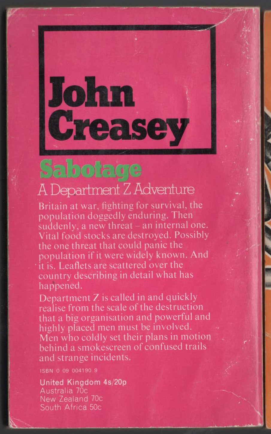 John Creasey  SABOTAGE (Department Z) magnified rear book cover image