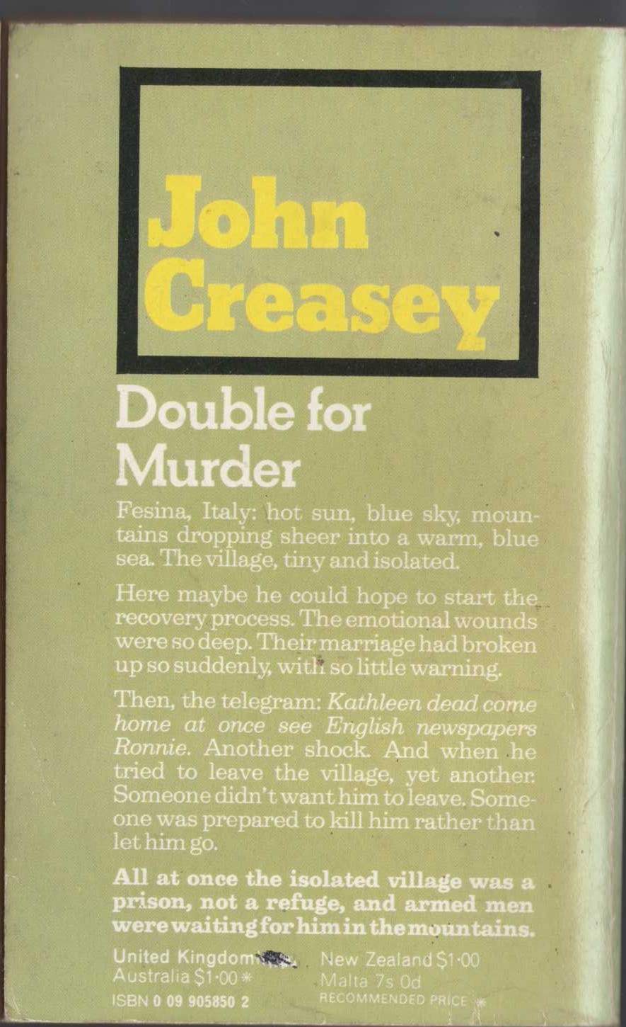 John Creasey  DOUBLE FOR MURDER magnified rear book cover image