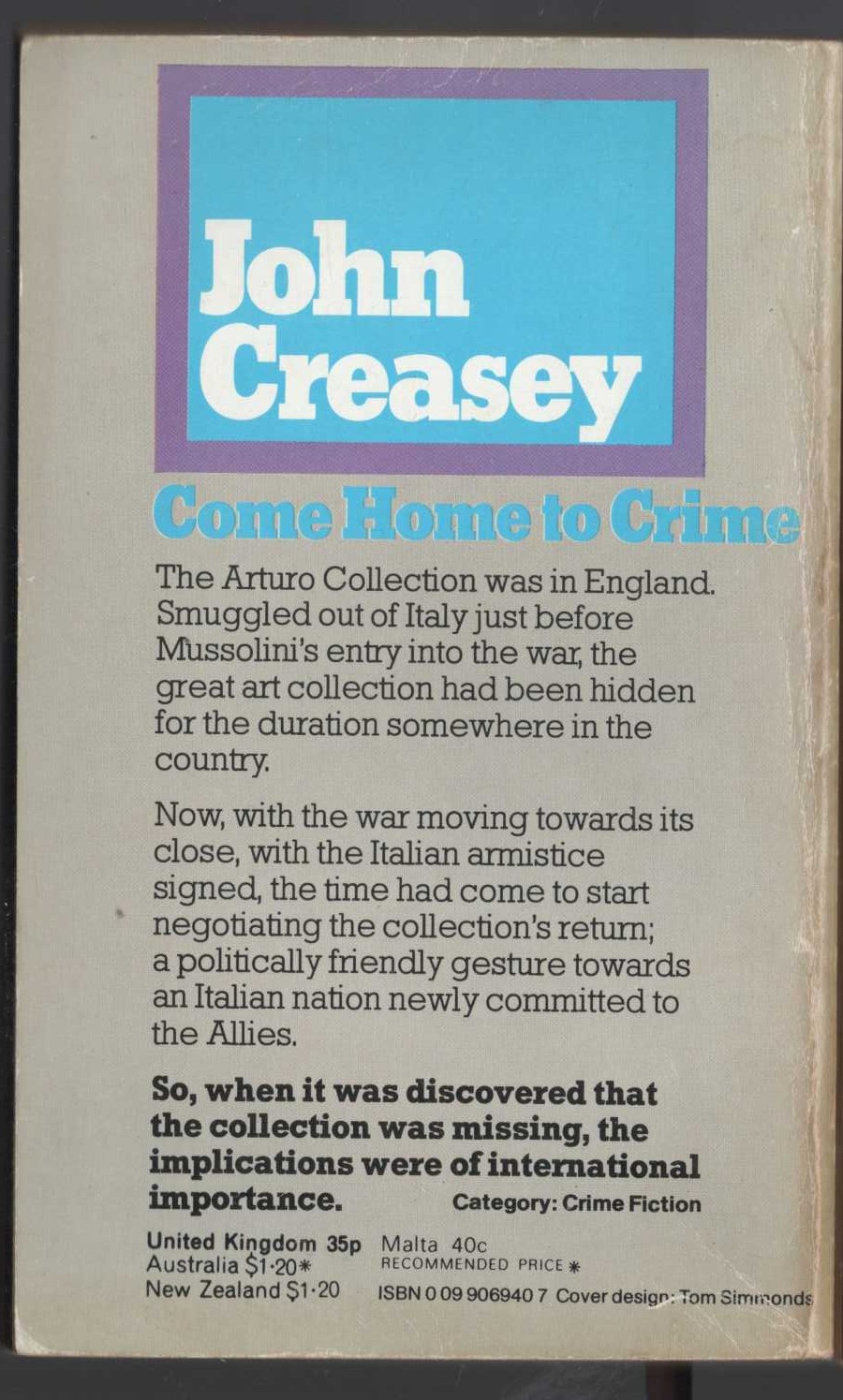John Creasey  COME HOME TO CRIME magnified rear book cover image