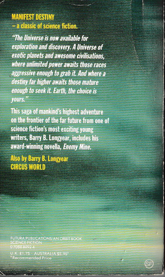 Barry B. Longyear  MANIFEST DESTINY magnified rear book cover image