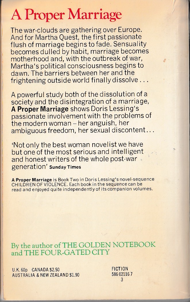 Doris Lessing  A PROPER MARRIAGE magnified rear book cover image