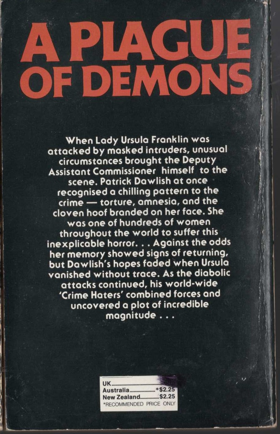 Gordon Ashe  A PLAGUE OF DEMONS magnified rear book cover image