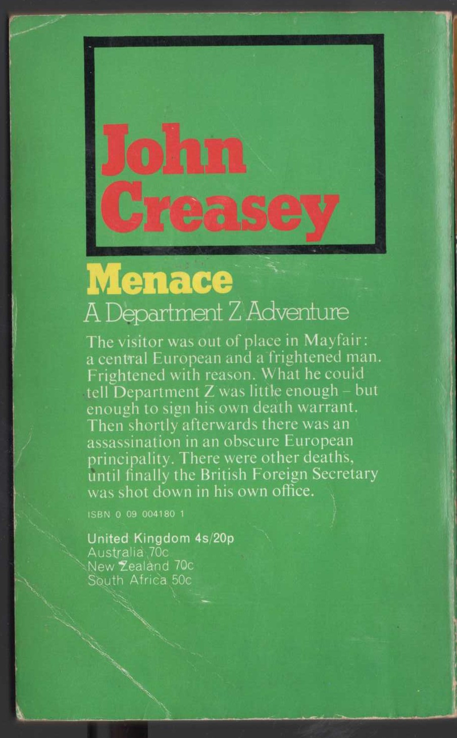 John Creasey  MENACE (Department Z) magnified rear book cover image