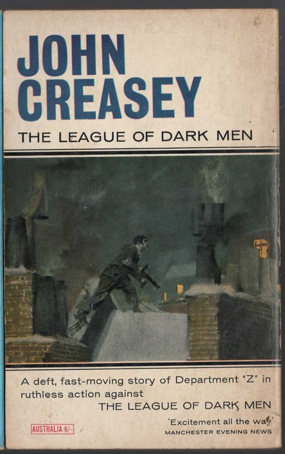 John Creasey  THE LEAGUE OF DARK MEN magnified rear book cover image