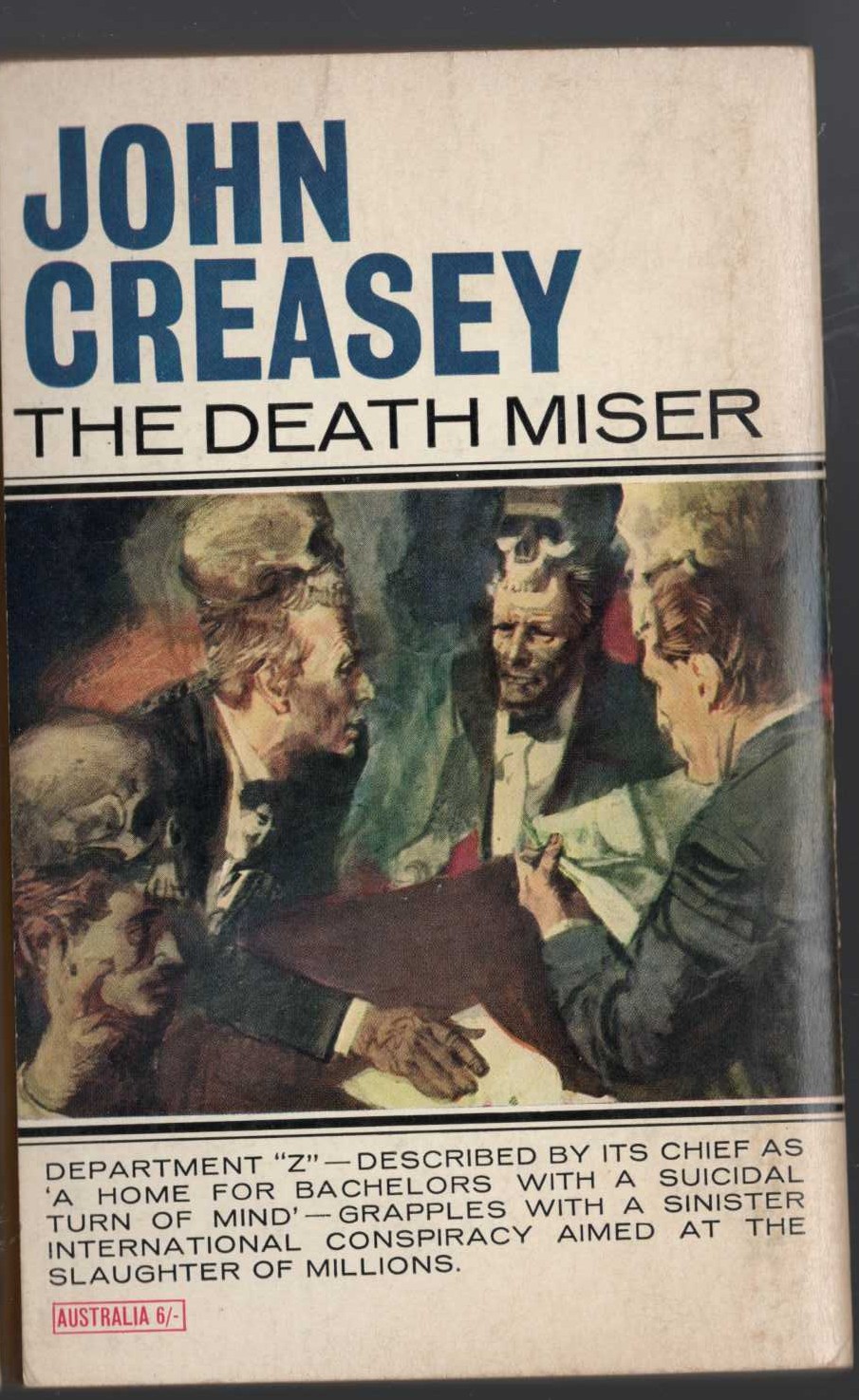 John Creasey  THE DEATH MISER magnified rear book cover image