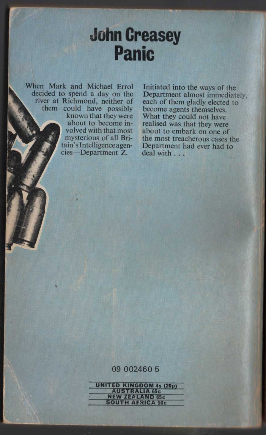 John Creasey  PANIC (Department Z) magnified rear book cover image