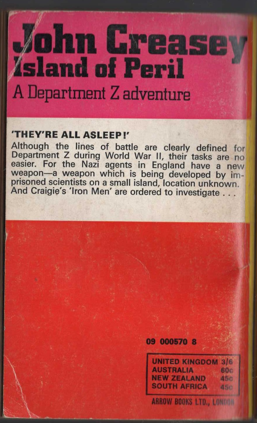 John Creasey  ISLAND OF PERIL (Department Z) magnified rear book cover image