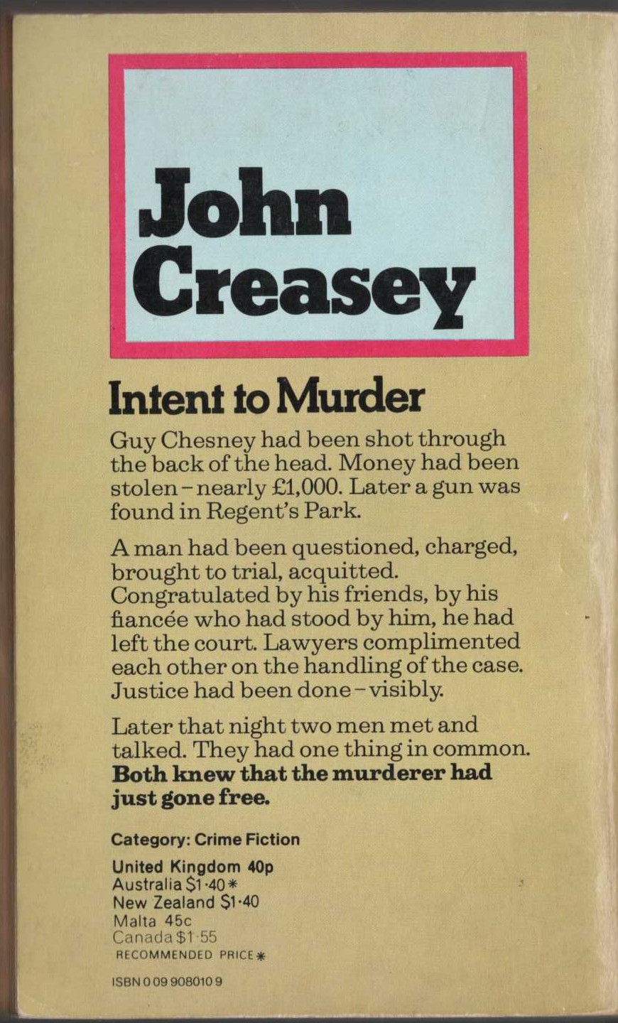 John Creasey  INTENT TO MURDER magnified rear book cover image