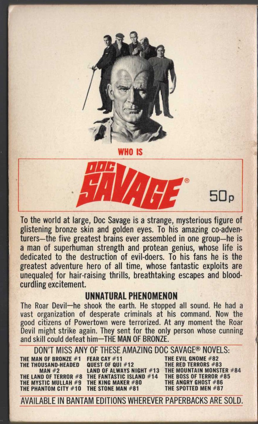 Kenneth Robeson  DOC SAVAGE: THE ROAR DEVIL magnified rear book cover image
