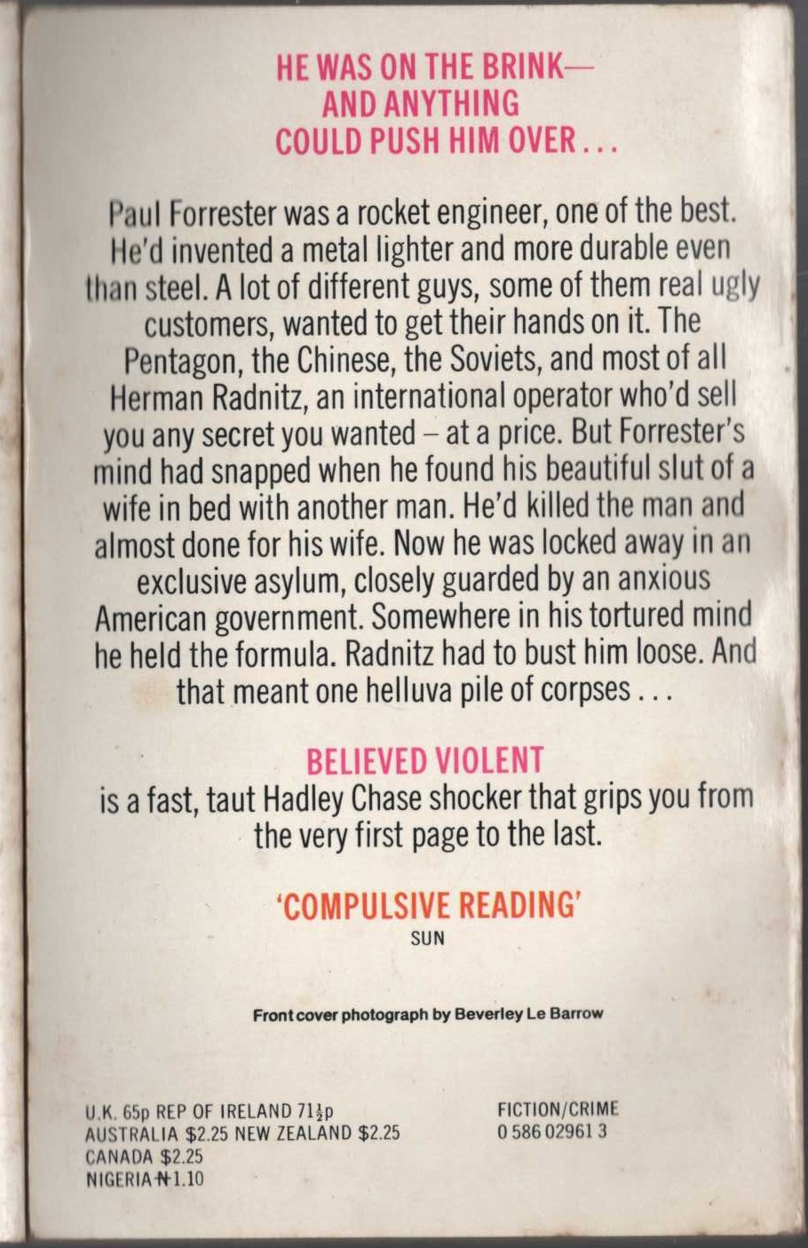 James Hadley Chase  BELIEVED VIOLENT magnified rear book cover image