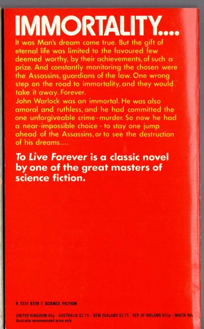 Jack Vance  TO LIVE FOREVER magnified rear book cover image