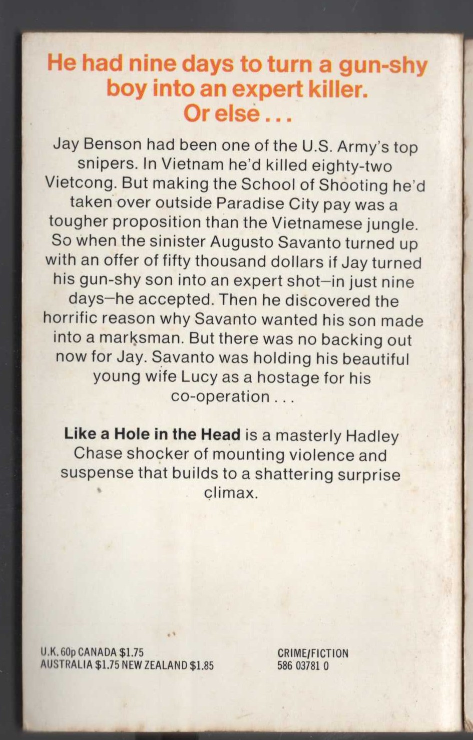 James Hadley Chase  LIKE A HOLE IN THE HEAD magnified rear book cover image