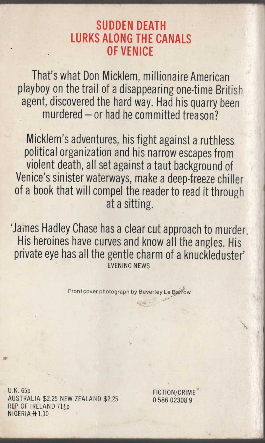 James Hadley Chase  MISSION TO VENICE magnified rear book cover image