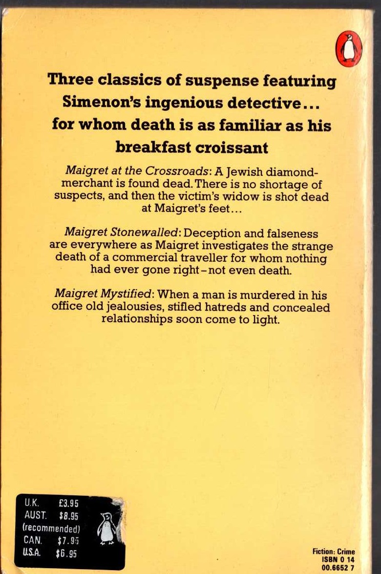 Georges Simenon  MAIGRET AT THE CROSSROADS plus MAIGRET STONEWALLED and MAIGRET MYSTIFIED magnified rear book cover image