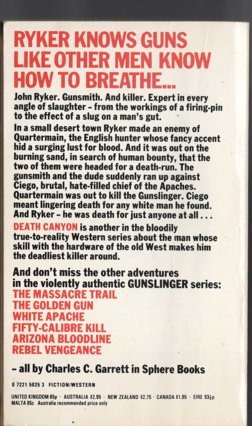 Charles C. Garrett  GUNSLINGER: DEATH CANYON magnified rear book cover image
