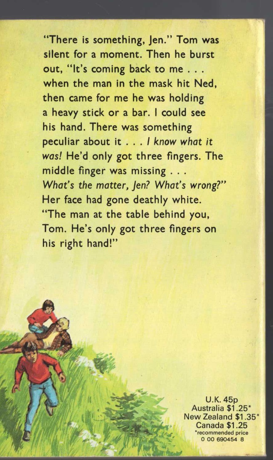 Malcolm Saville  MAN WITH THREE FINGERS magnified rear book cover image