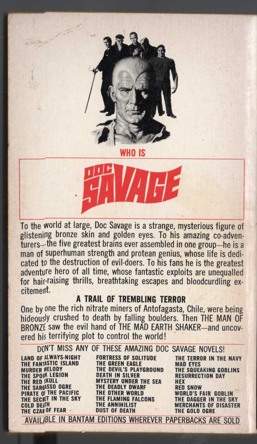 Kenneth Robeson  DOC SAVAGE: THE MAN WHO SHOOK THE EARTH magnified rear book cover image