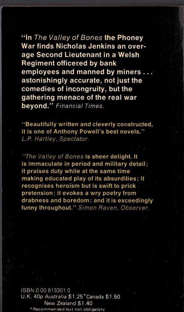 Anthony Powell  THE VALLEY OF BONES magnified rear book cover image