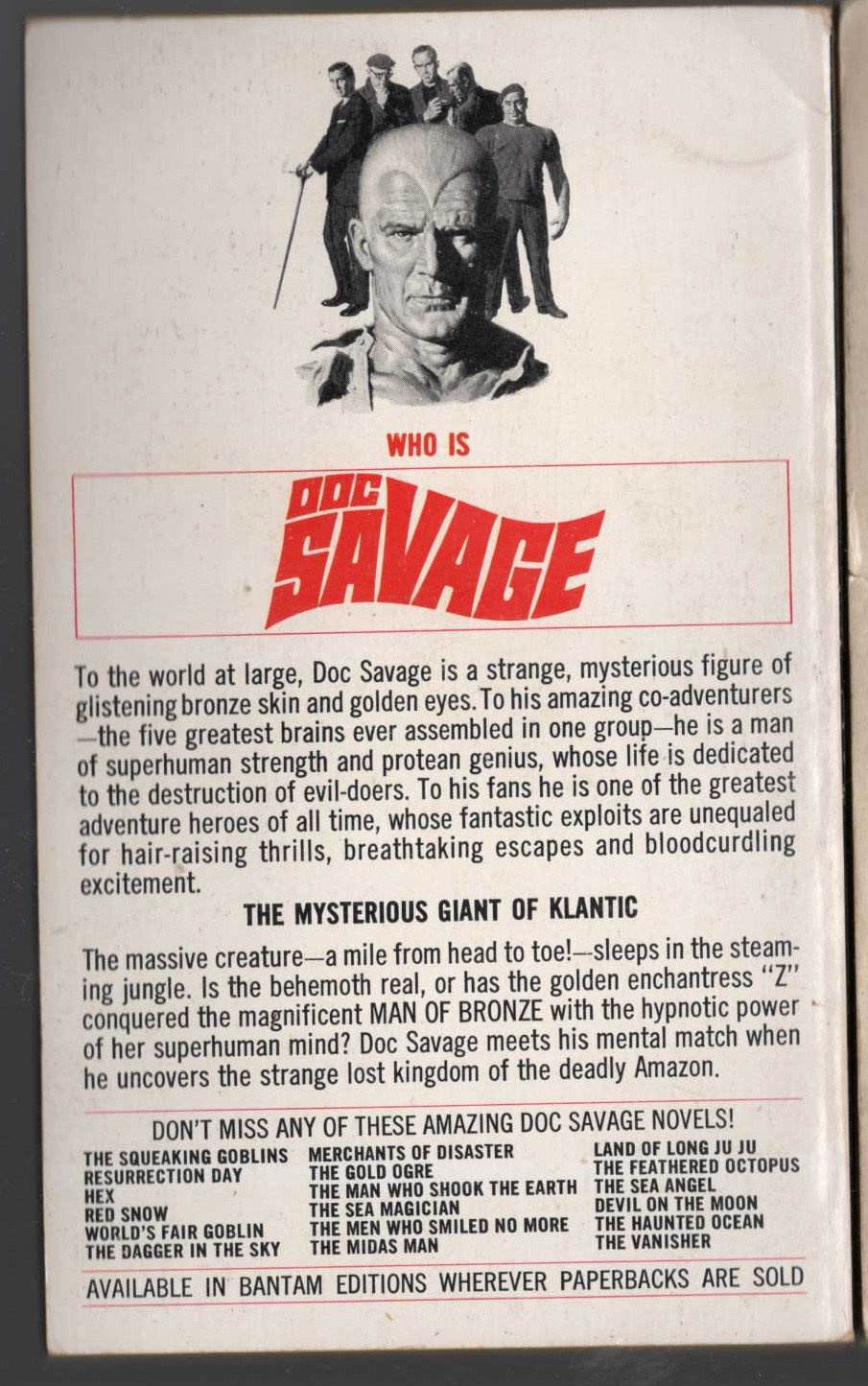 Kenneth Robeson  DOC SAVAGE: THE MENTAL WIZARD magnified rear book cover image