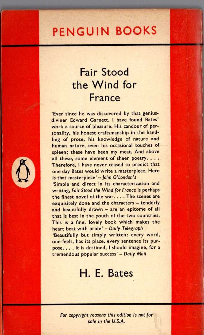 H.E. Bates  FAIR STOOD THE WIND FOR FRANCE magnified rear book cover image