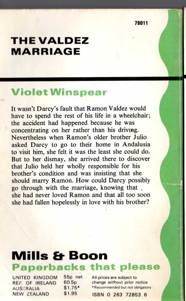 Violet Winspear  THE VALDEZ MARRIAGE magnified rear book cover image