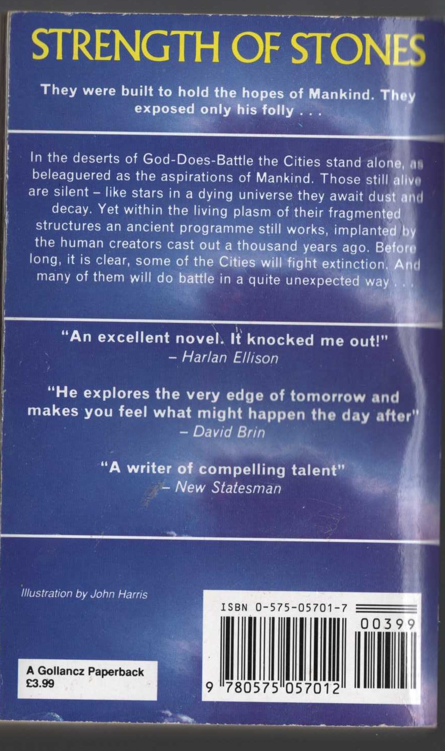 Greg Bear  STRENGTH OF STONES magnified rear book cover image