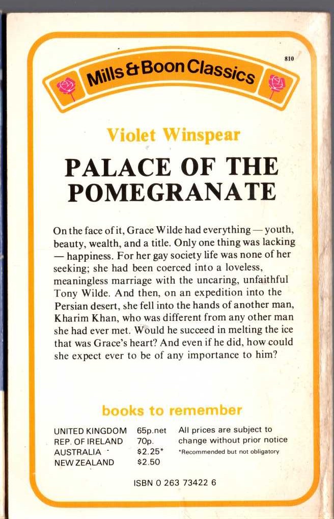 Violet Winspear  PALACE OF THE POMEGRANATE magnified rear book cover image