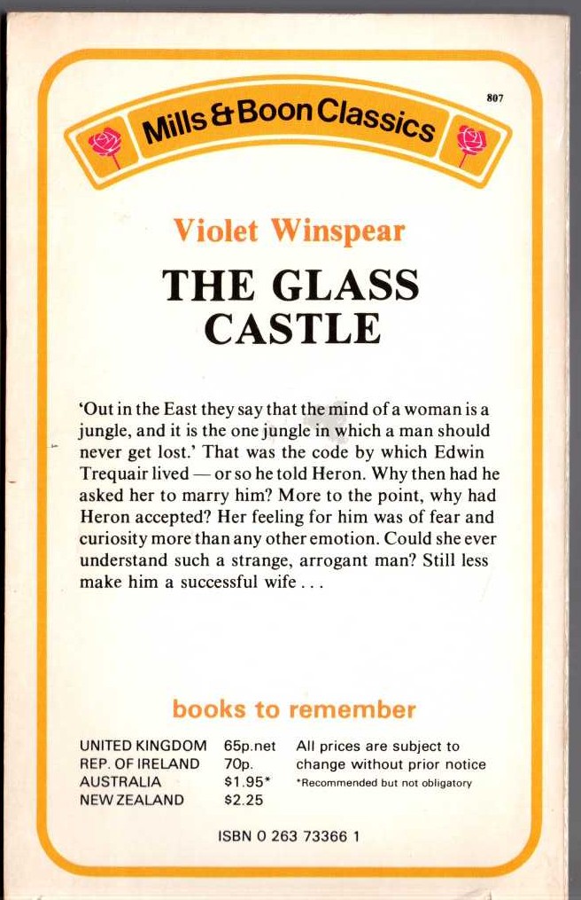 Violet Winspear  THE GLASS CASTLE magnified rear book cover image